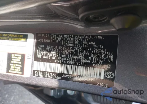 2013 Toyota Camry Xle from USA, damaged, VIN 4T4BF1FK6DR320588